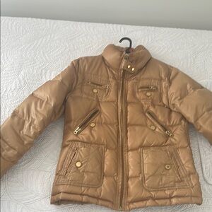 Tan and Gold Puffer Jacket with Quilted Insulation